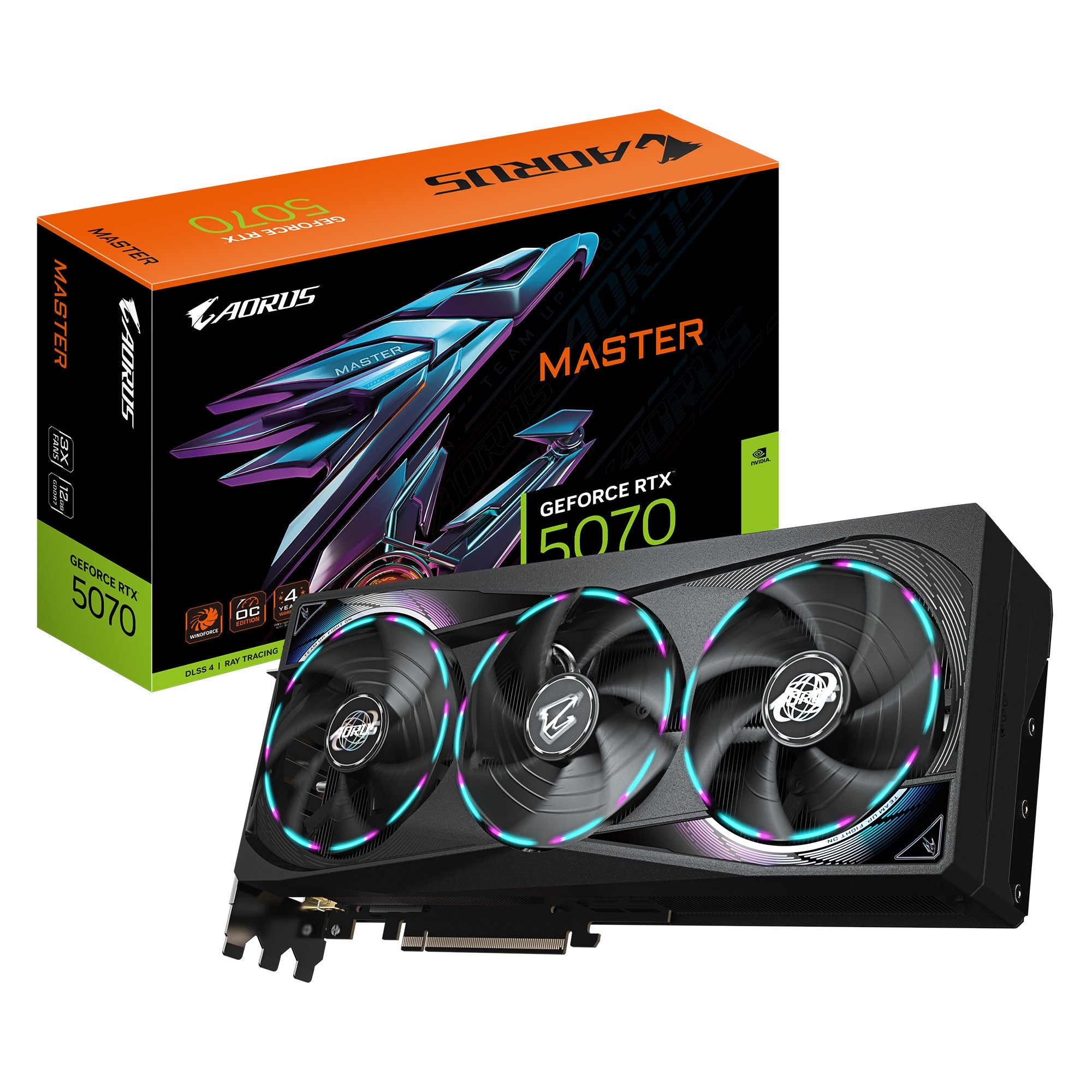 Gigabyte AORUS GeForce RTX 5070 MASTER 12G, 2715 MHz, CUDA  6144, 28 Gbps, GDDR7, 192 bit, PCI-E 5.0, ATX,PSU 750W, DisplayPort 2.1b *3 HDMI 2.1b *1 Gigabyte AORUS GeForce RTX 5070 MASTER 12G, 2715 MHz, CUDA  6144, 28 Gbps, GDDR7, 192 bit, PCI-E 5.0, ATX,PSU 750W, DisplayPort 2.1b *3 HDMI 2.1b *1